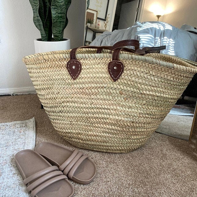 Big woven straw bag, French basket with leather handles, Straw